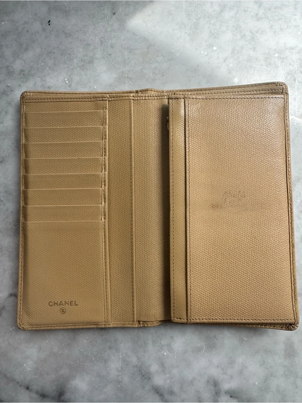 CHANEL Beige Leather Long Wallet with Gold CC Button